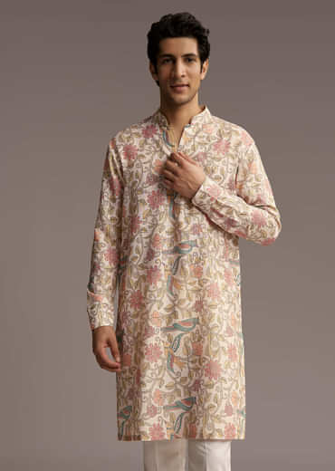 Beige Linen Printed Kurta Set For Men With Embroidery