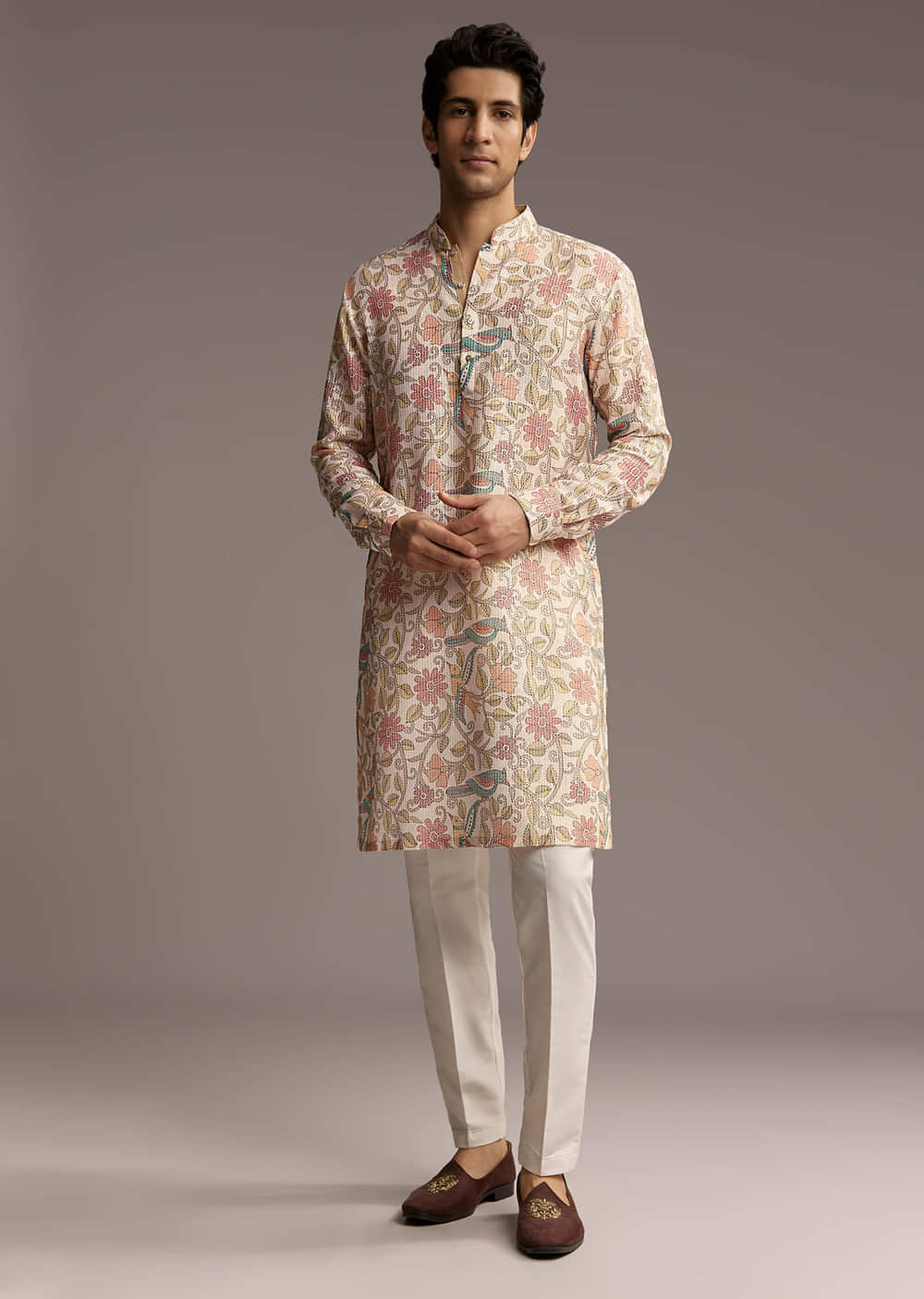 Beige Linen Printed Kurta Set For Men With Embroidery
