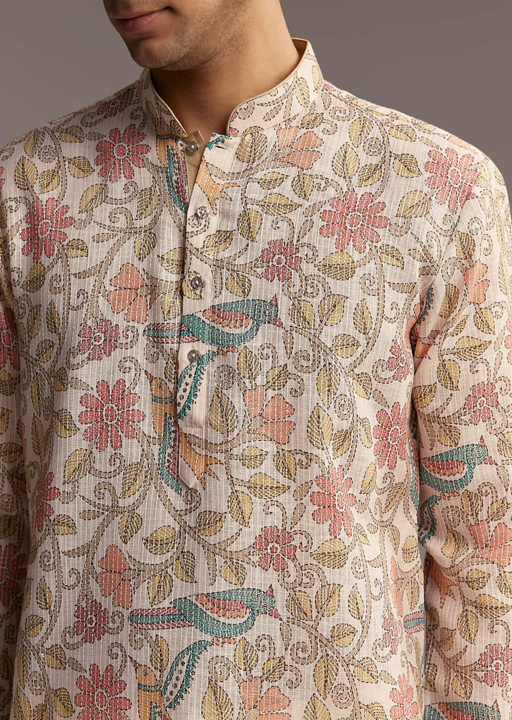 Beige Linen Printed Kurta Set For Men With Embroidery