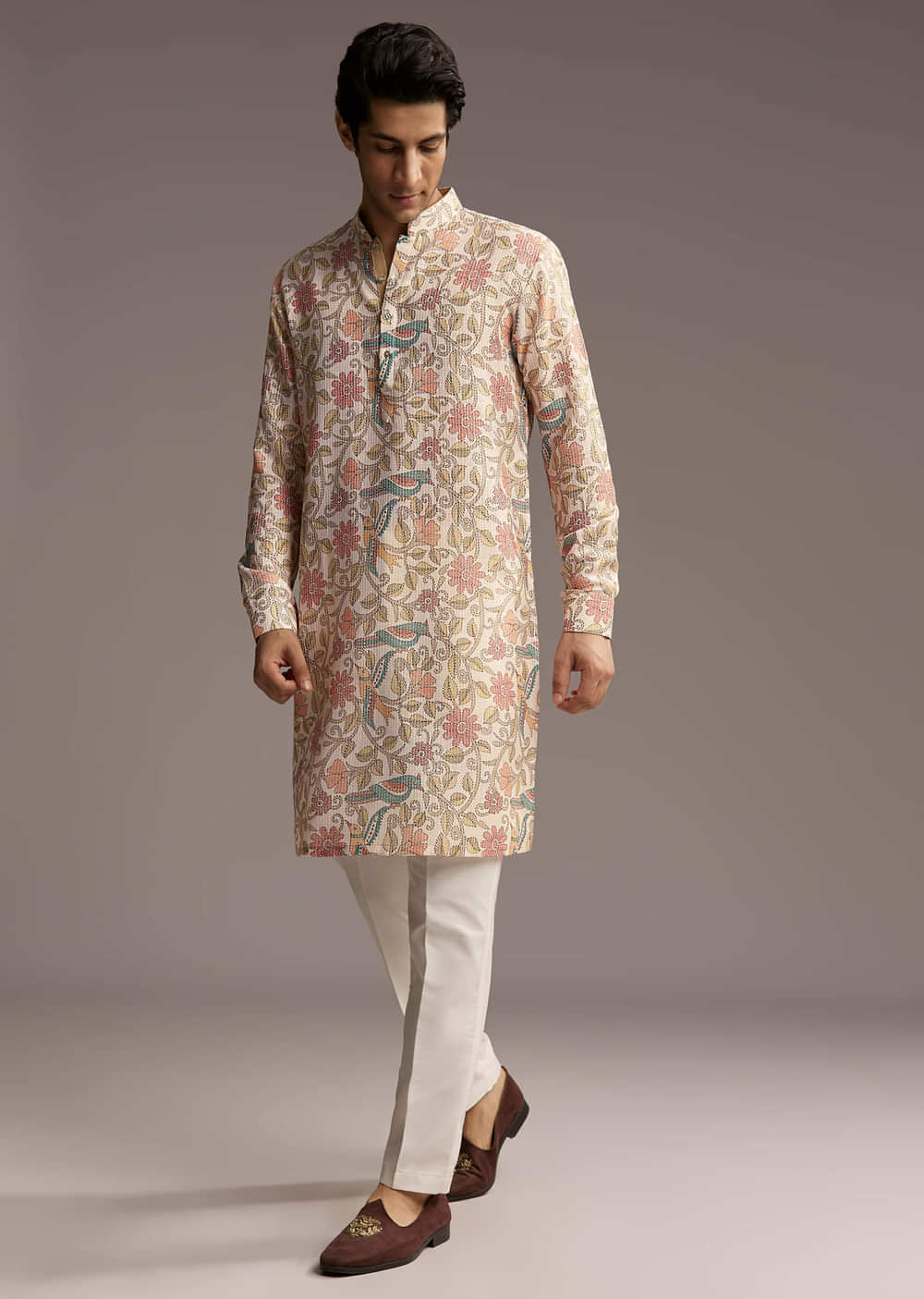 Beige Linen Printed Kurta Set For Men With Embroidery