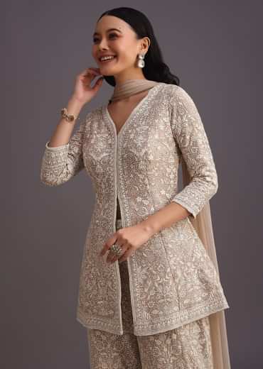 Beige Lucknowi Kurti Palazzo With Net Dupatta