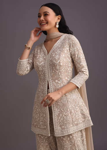 Beige Lucknowi Kurti Palazzo With Net Dupatta