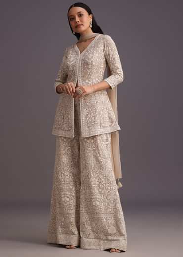 Beige Lucknowi Kurti Palazzo With Net Dupatta
