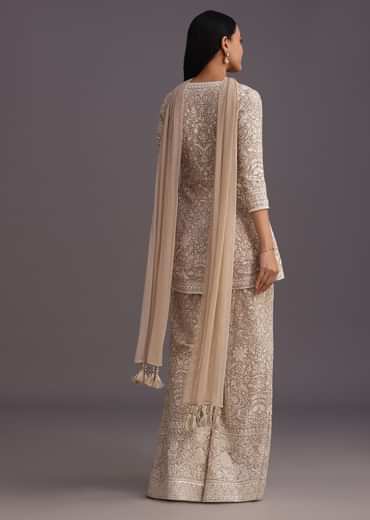 Beige Lucknowi Kurti Palazzo With Net Dupatta