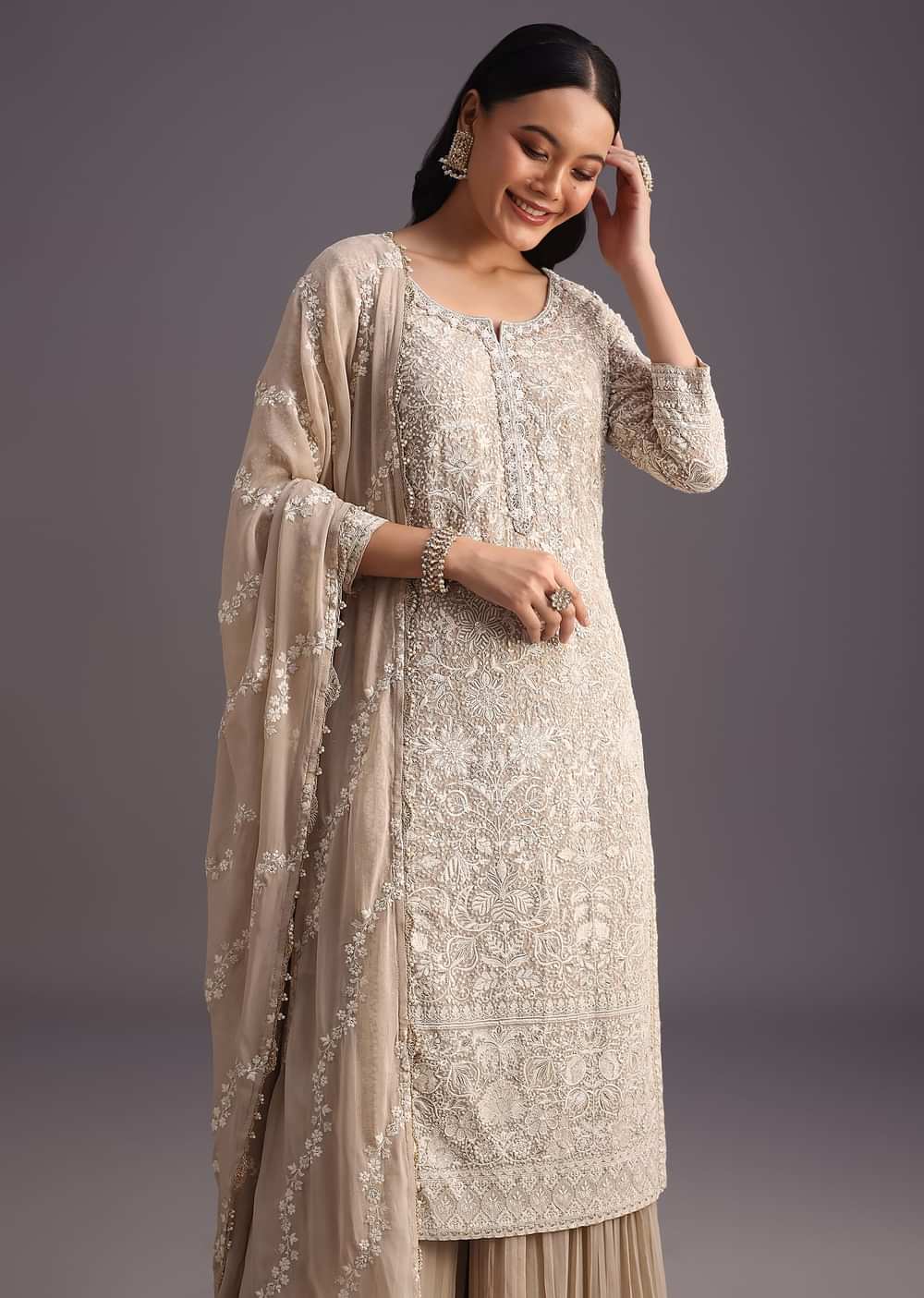 Beige Lucknowi  kurta set With Flared Palazzo And Resham Work Dupatta