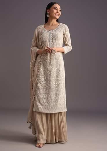 Beige Lucknowi  kurta set With Flared Palazzo And Resham Work Dupatta