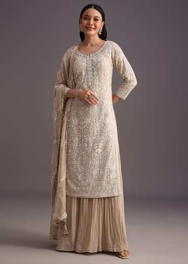 Beige Lucknowi  kurta set With Flared Palazzo And Resham Work Dupatta