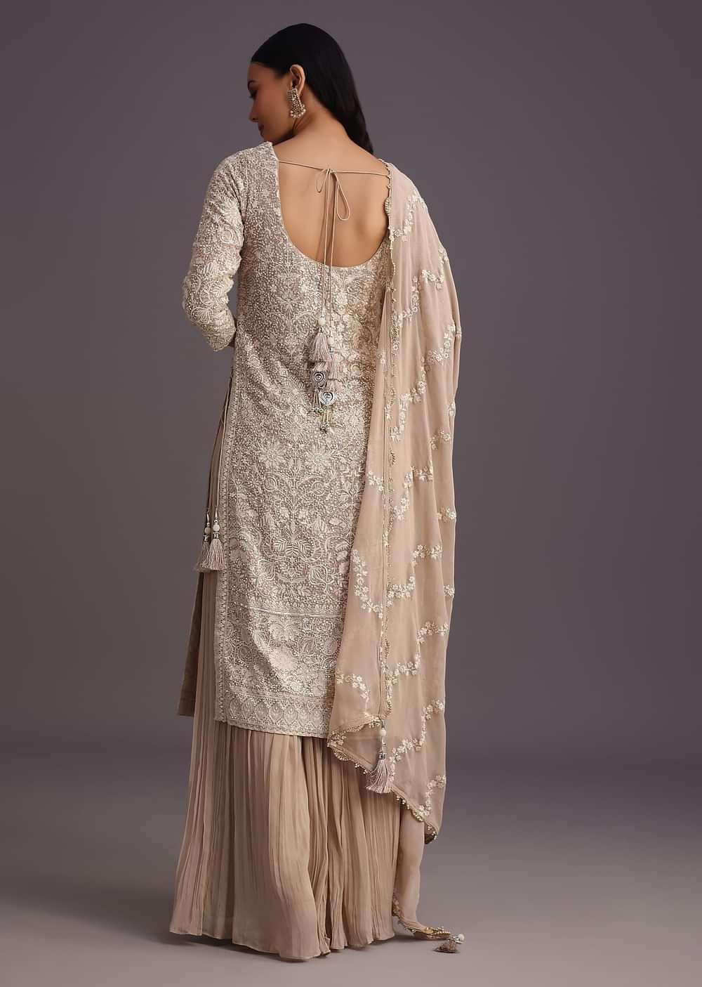Beige Lucknowi  kurta set With Flared Palazzo And Resham Work Dupatta