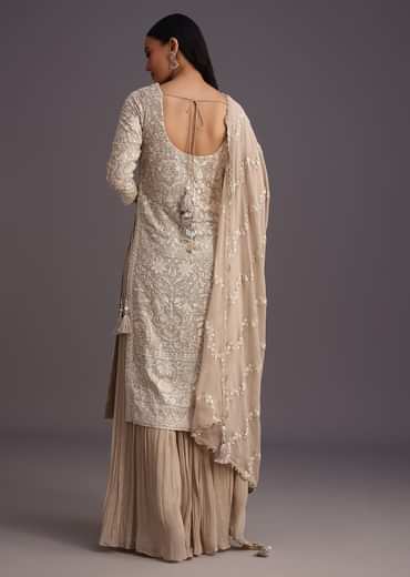 Beige Lucknowi  kurta set With Flared Palazzo And Resham Work Dupatta