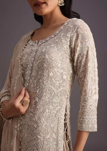 Beige Lucknowi  kurta set With Flared Palazzo And Resham Work Dupatta
