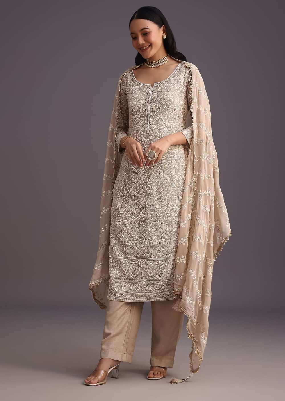 Beige Lucknowi Work Kurti And Dupatta