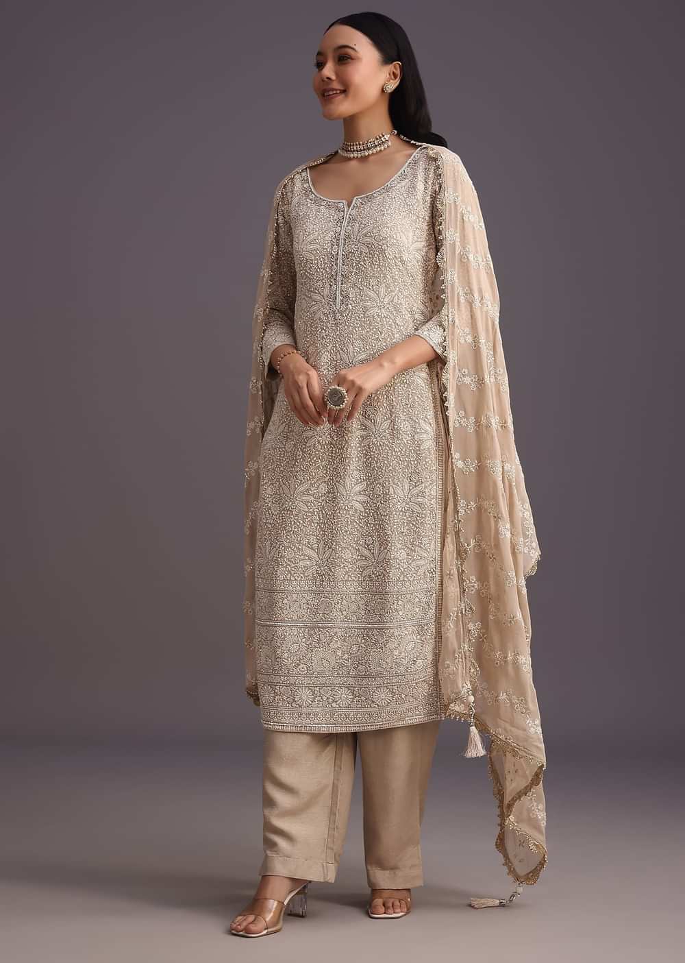 Beige Lucknowi Work Kurti And Dupatta