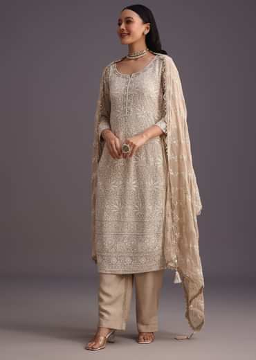Beige Lucknowi Work Kurti And Dupatta
