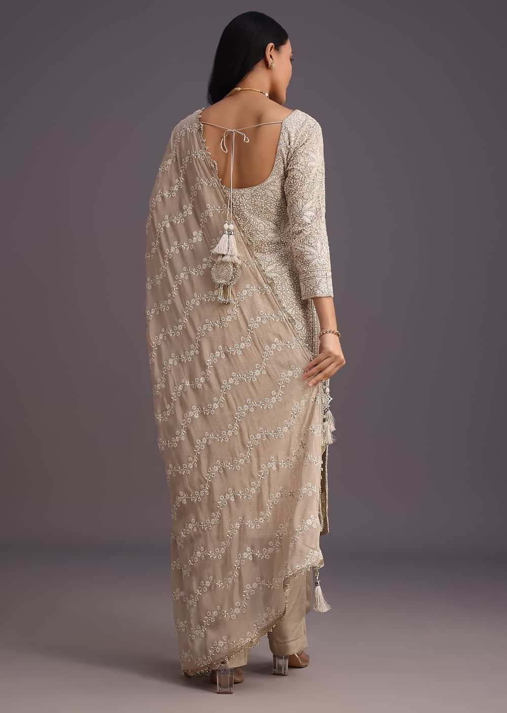 Beige Lucknowi Work Kurti And Dupatta