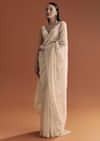 Beige Organza Embroidered Saree With Jaal And Butti Work