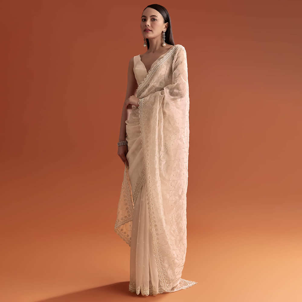Beige Organza Embroidered Saree With Jaal And Butti Work