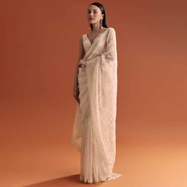 Beige Organza Embroidered Saree With Jaal And Butti Work