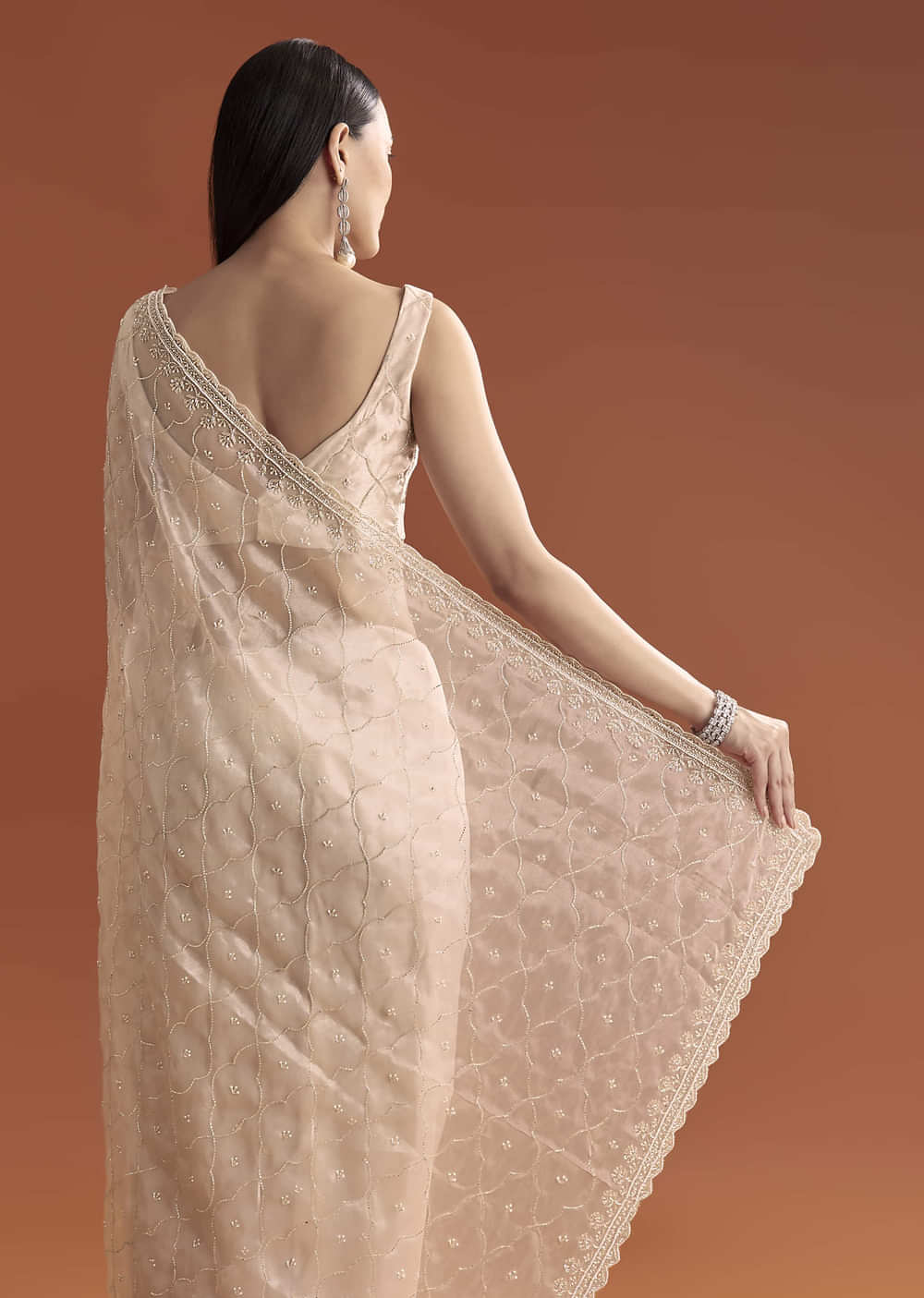 Beige Organza Embroidered Saree With Jaal And Butti Work