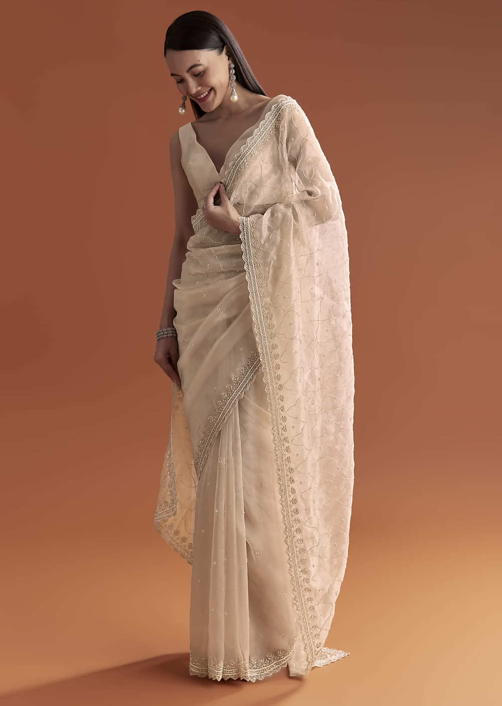 Beige Organza Embroidered Saree With Jaal And Butti Work