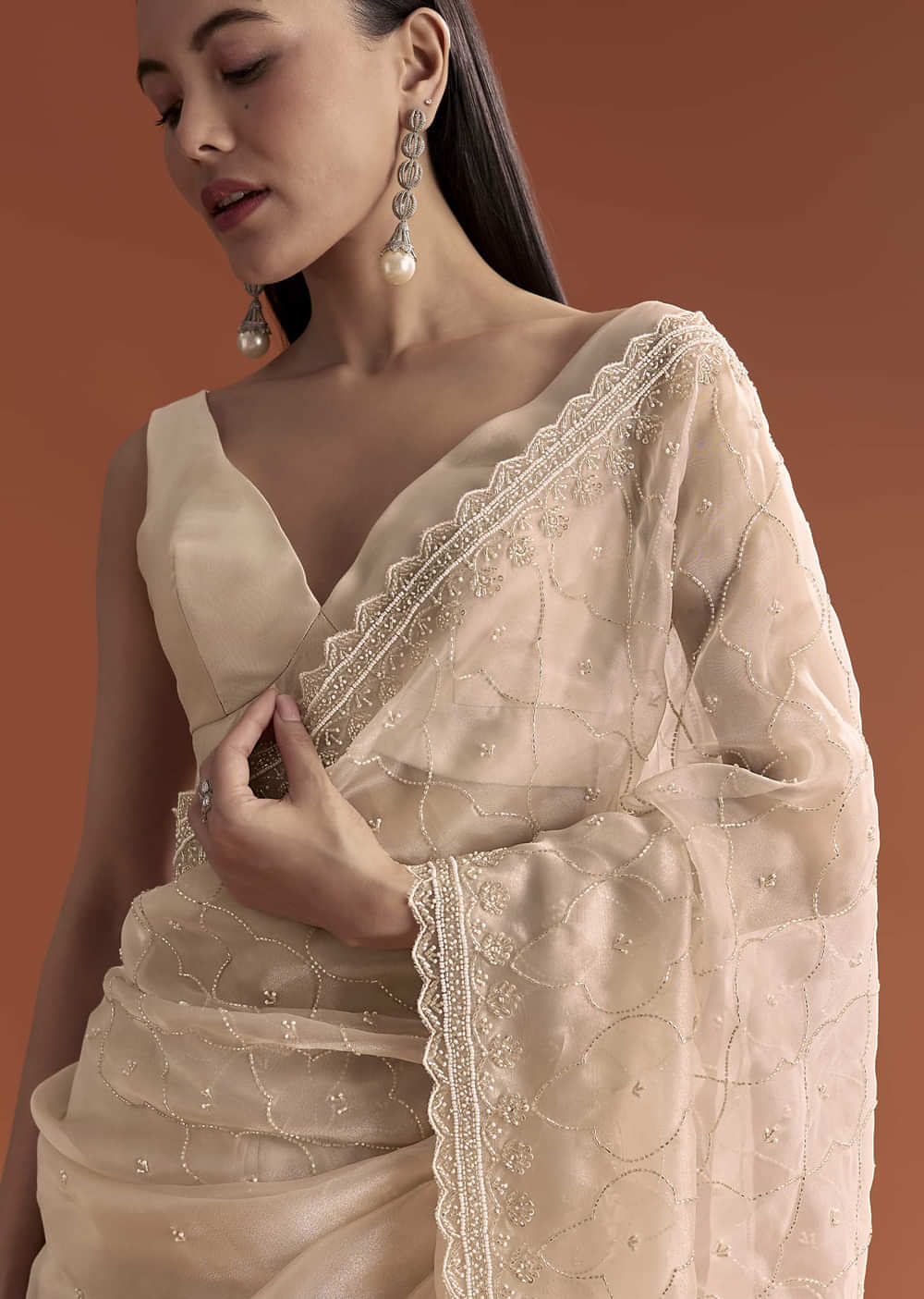 Beige Organza Embroidered Saree With Jaal And Butti Work