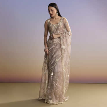 Beige Organza Embroidered Saree With Moti And Cutdana Work