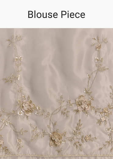 Beige Organza Embroidered Saree With Moti And Cutdana Work