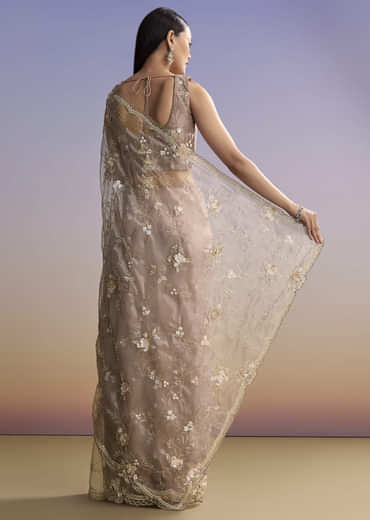Beige Organza Embroidered Saree With Moti And Cutdana Work