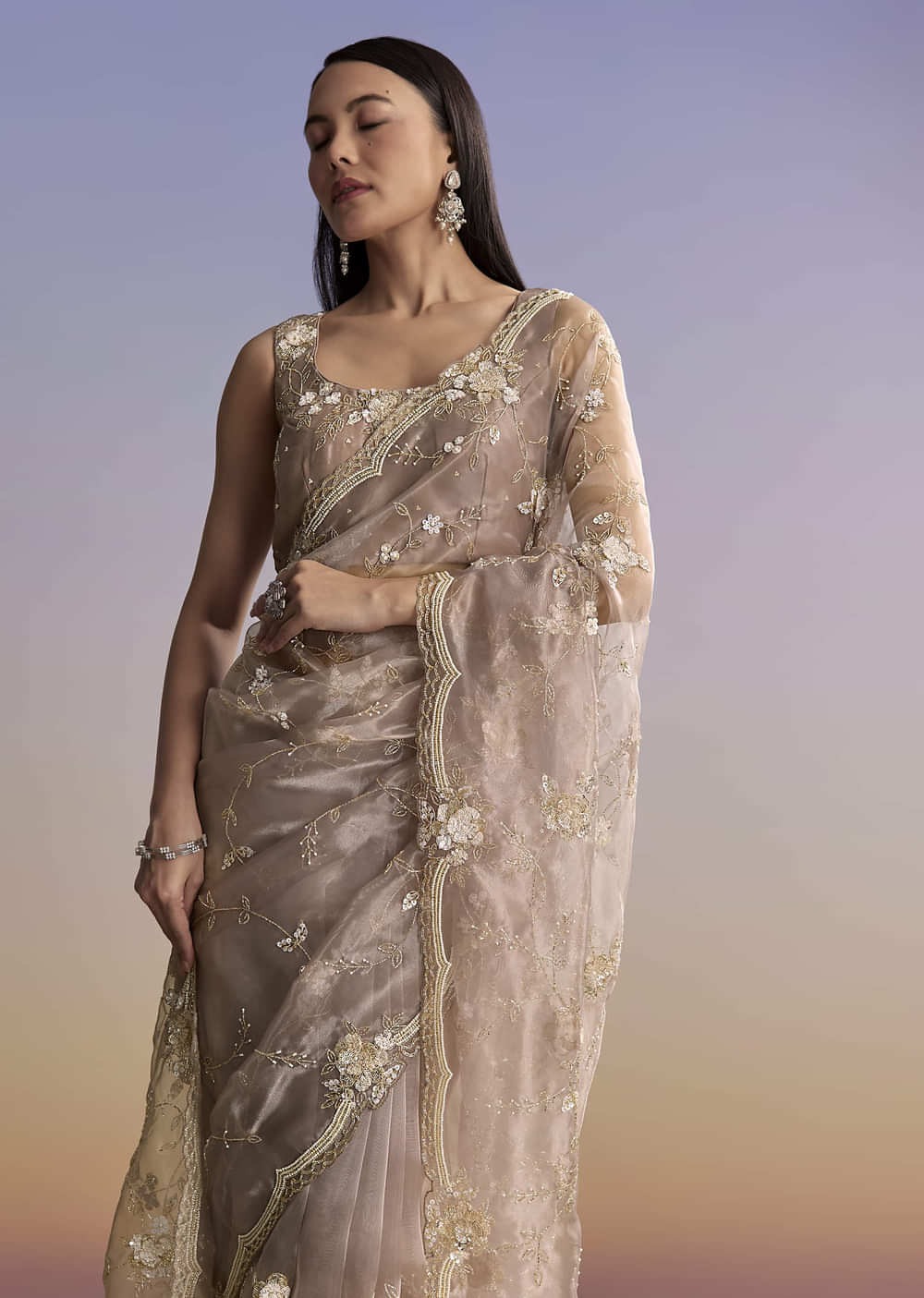 Beige Organza Embroidered Saree With Moti And Cutdana Work