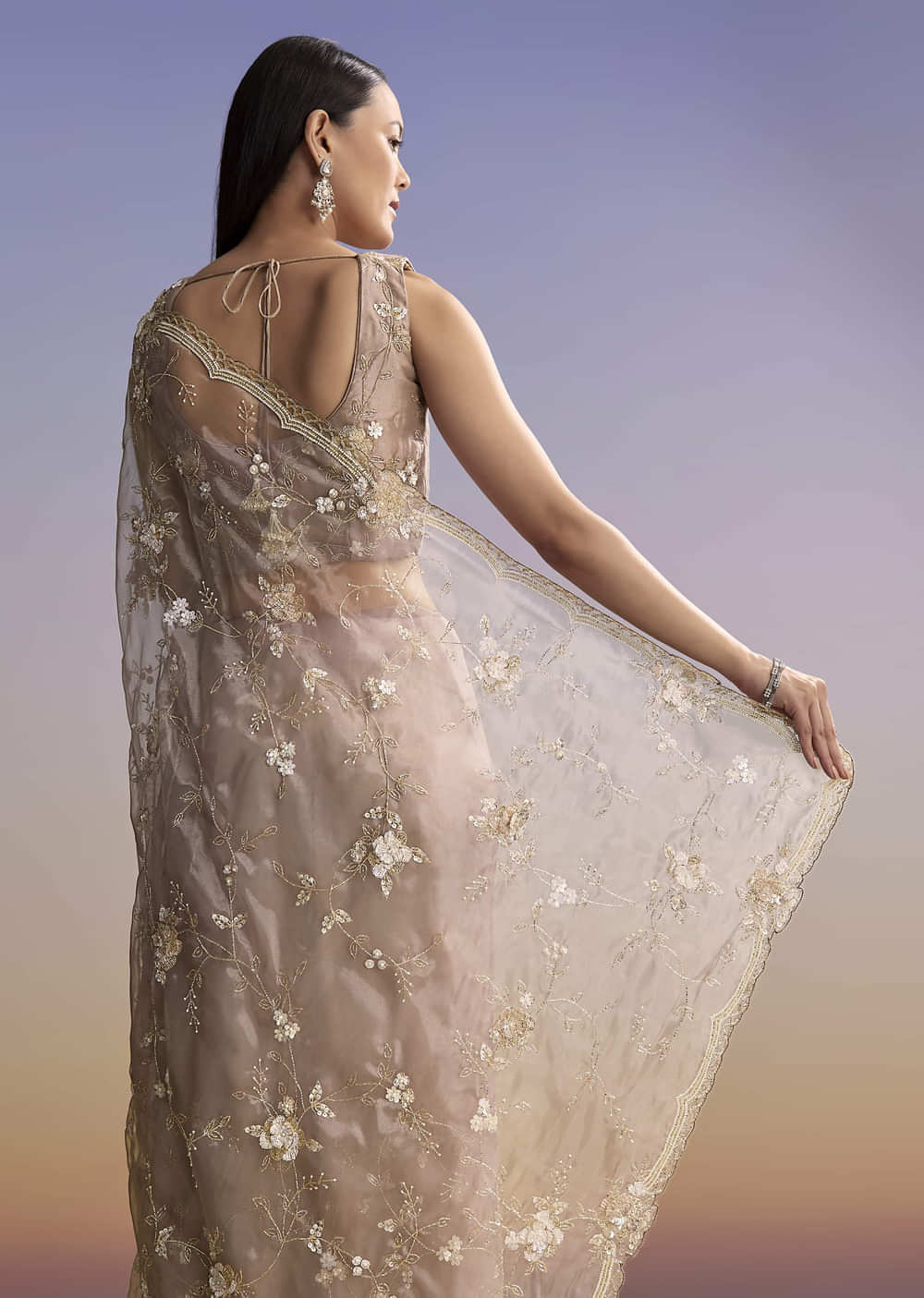 Beige Organza Embroidered Saree With Moti And Cutdana Work