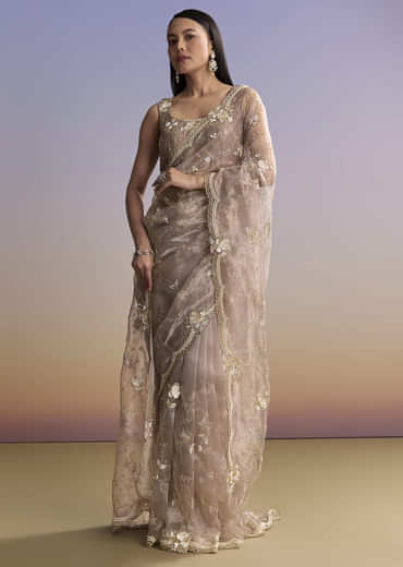 Beige Organza Embroidered Saree With Moti And Cutdana Work