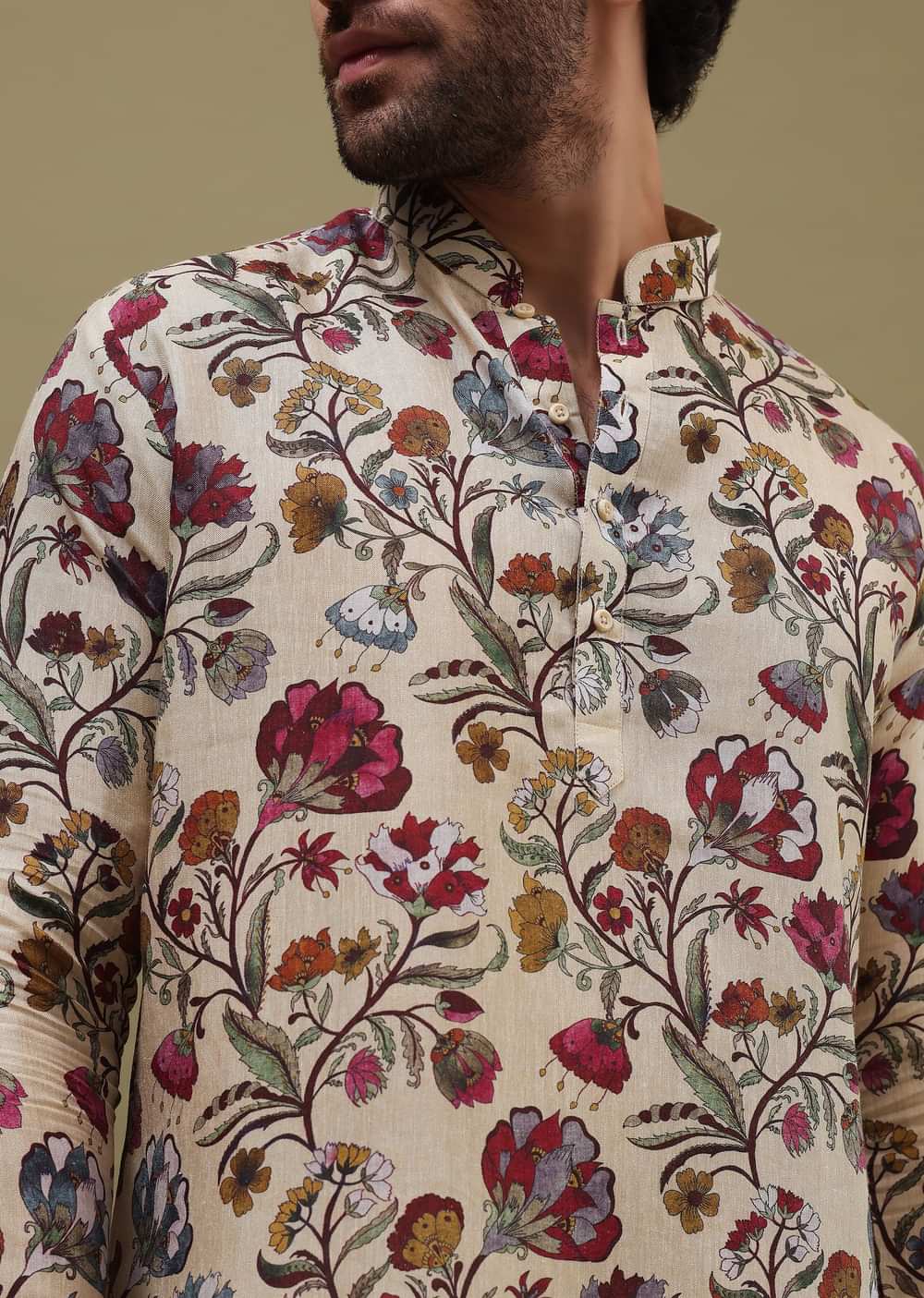 Beige Printed Kurta Set For Men