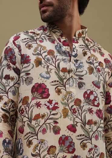 Beige Printed Kurta Set For Men