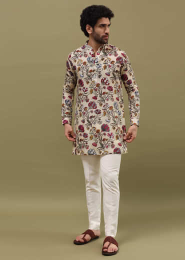 Beige Printed Kurta Set For Men