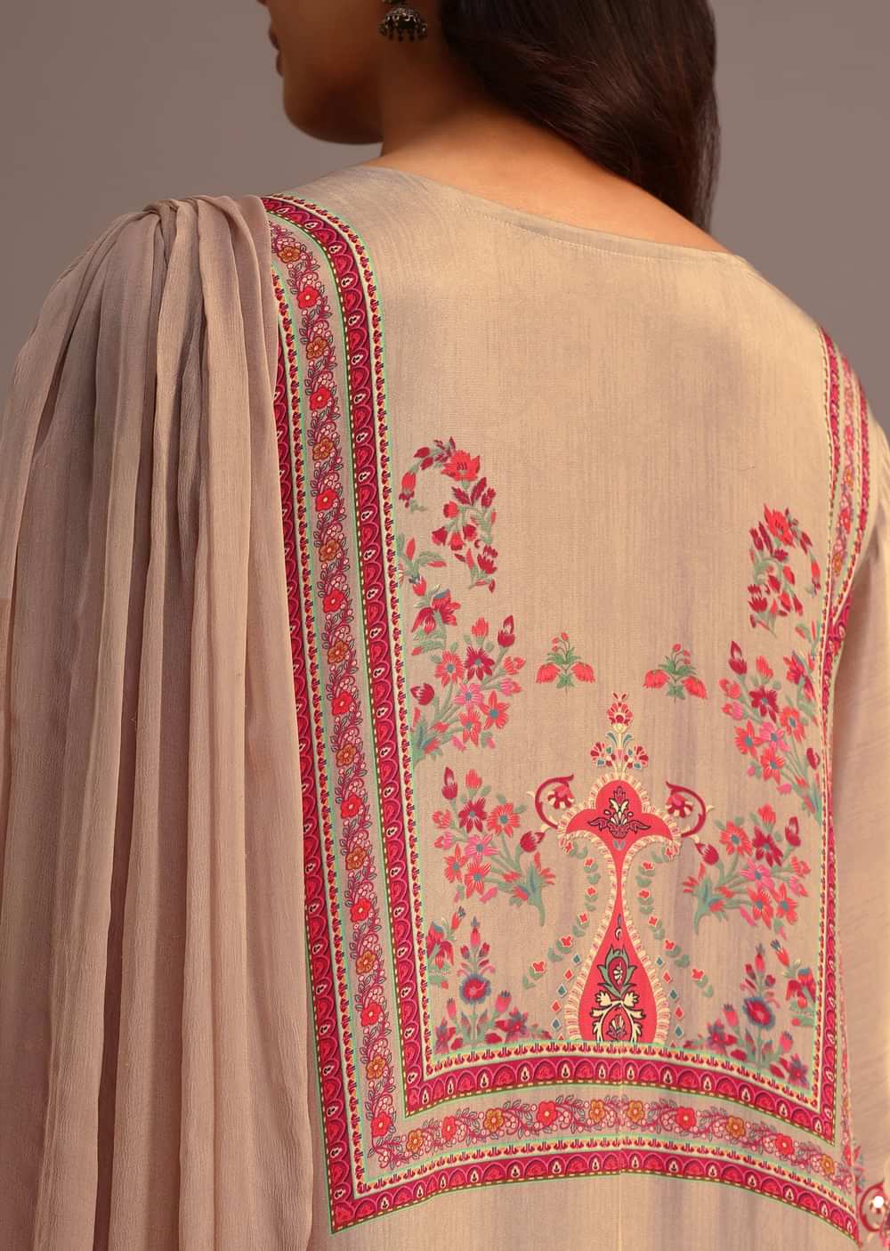 Beige Printed Kurti Pant Set With Chiffon Dupatta