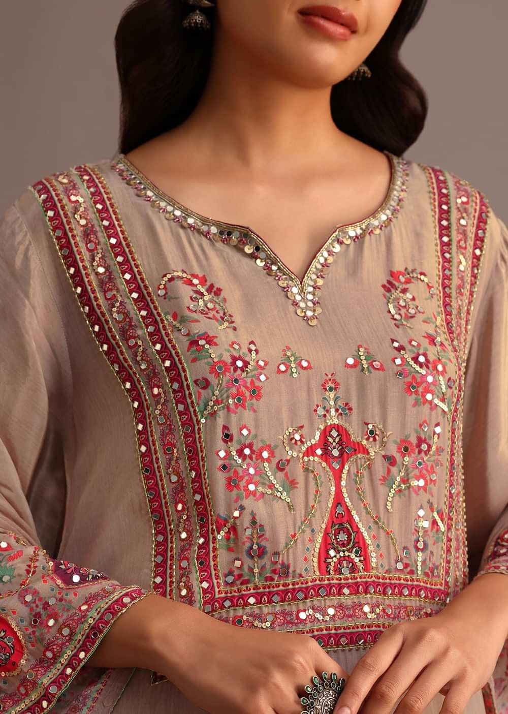 Beige Printed Kurti Pant Set With Chiffon Dupatta