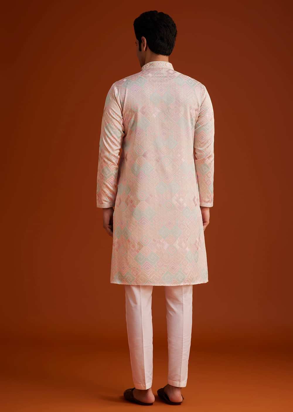 Beige Printed Silk Kurta Set Hand Embellishments