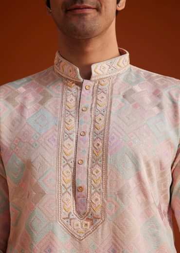 Beige Printed Silk Kurta Set Hand Embellishments