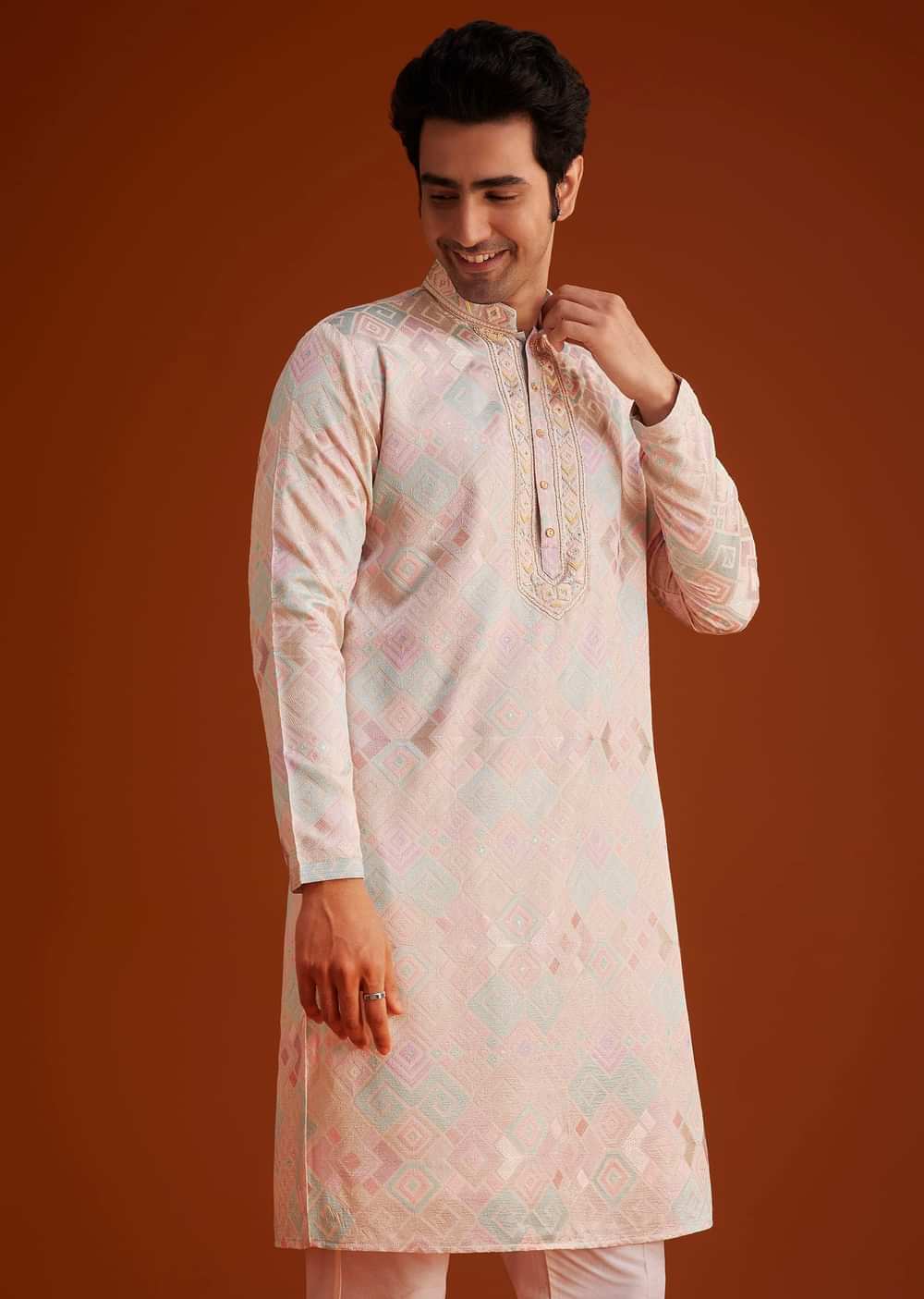 Beige Printed Silk Kurta Set Hand Embellishments