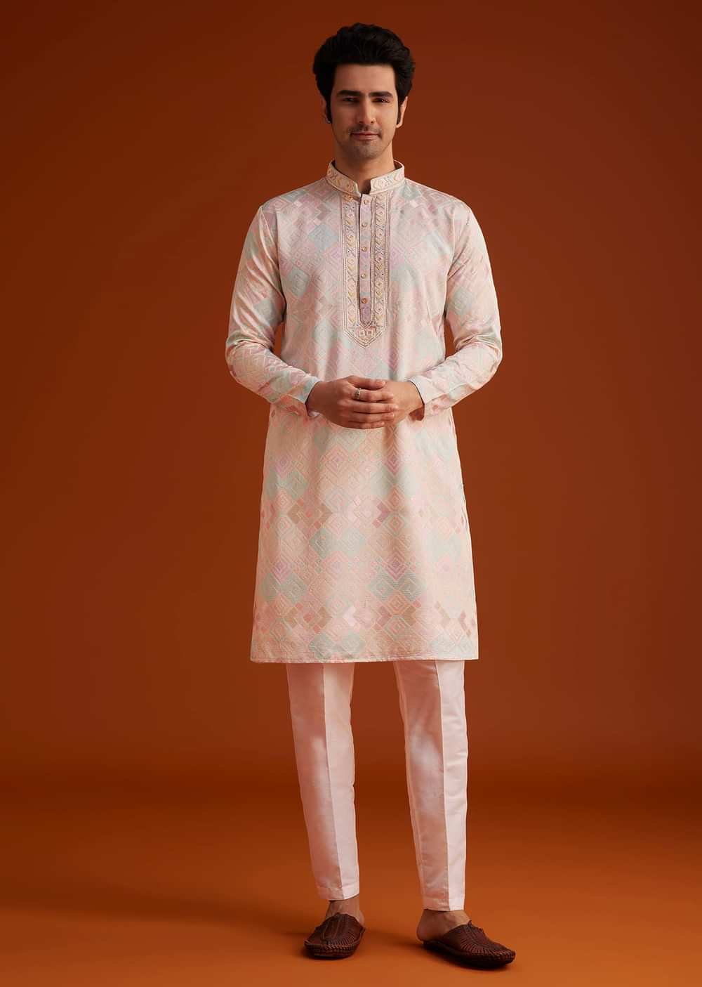 Beige Printed Silk Kurta Set Hand Embellishments