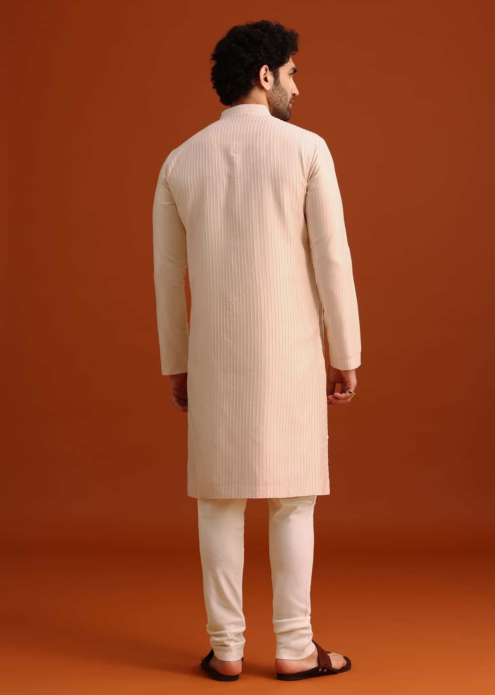 Beige Quilted Kurta Set In Blended Silk