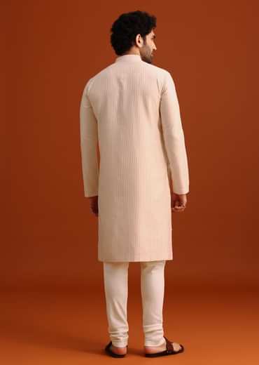 Beige Quilted Kurta Set In Blended Silk