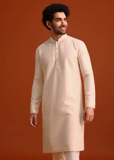 Beige Quilted Kurta Set In Blended Silk