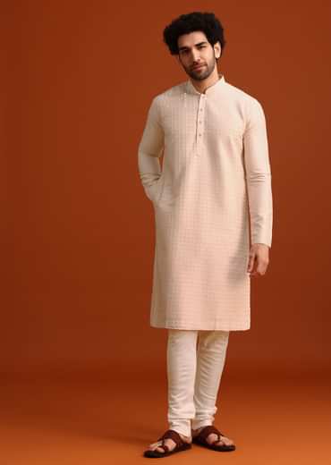 Beige Quilted Kurta Set In Blended Silk