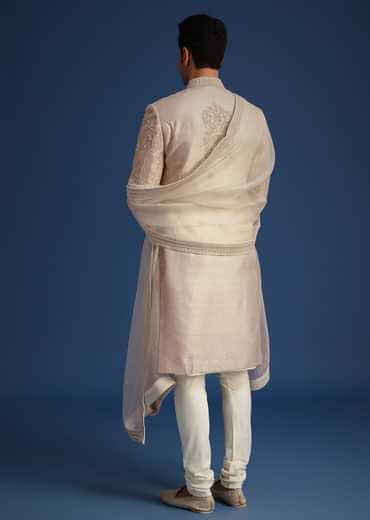 Beige Raw Silk Sherwani Set With Dori Embroidery