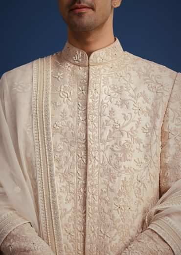 Beige Raw Silk Sherwani Set With Dori Embroidery