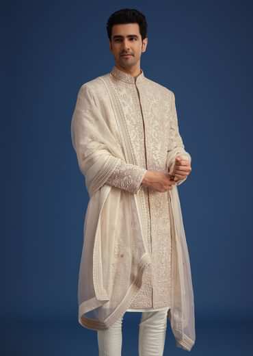 Beige Raw Silk Sherwani Set With Dori Embroidery