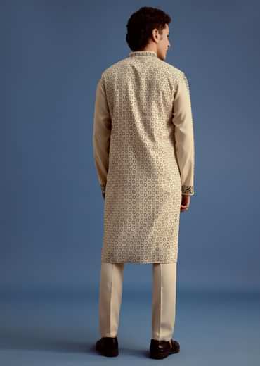 Beige Rayon Block Printed Kurta Set
