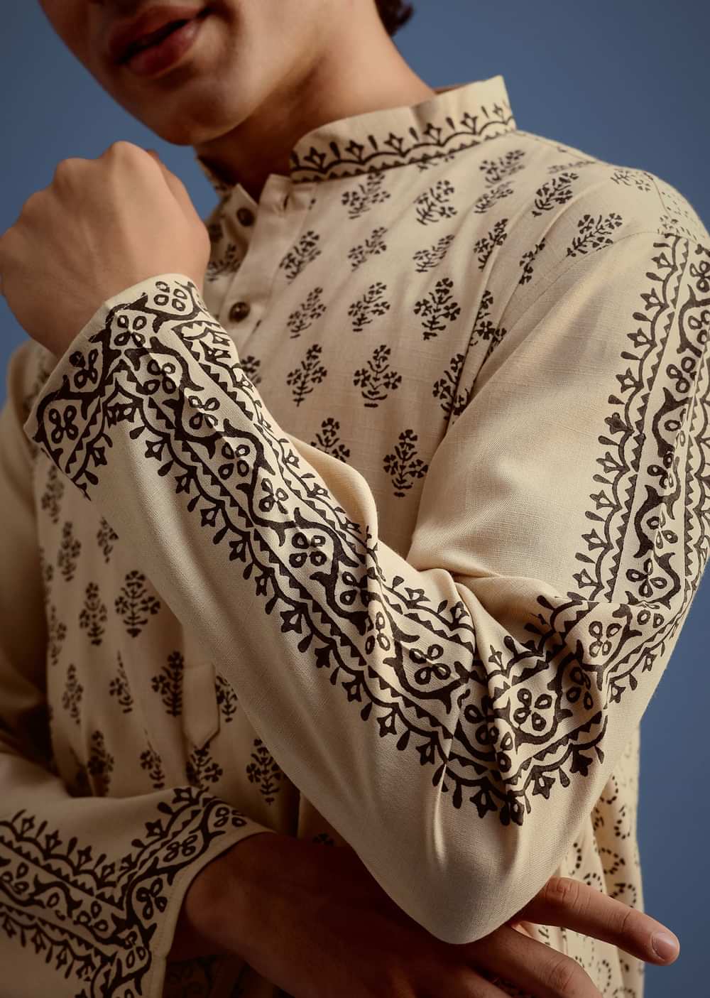 Beige Rayon Block Printed Kurta Set