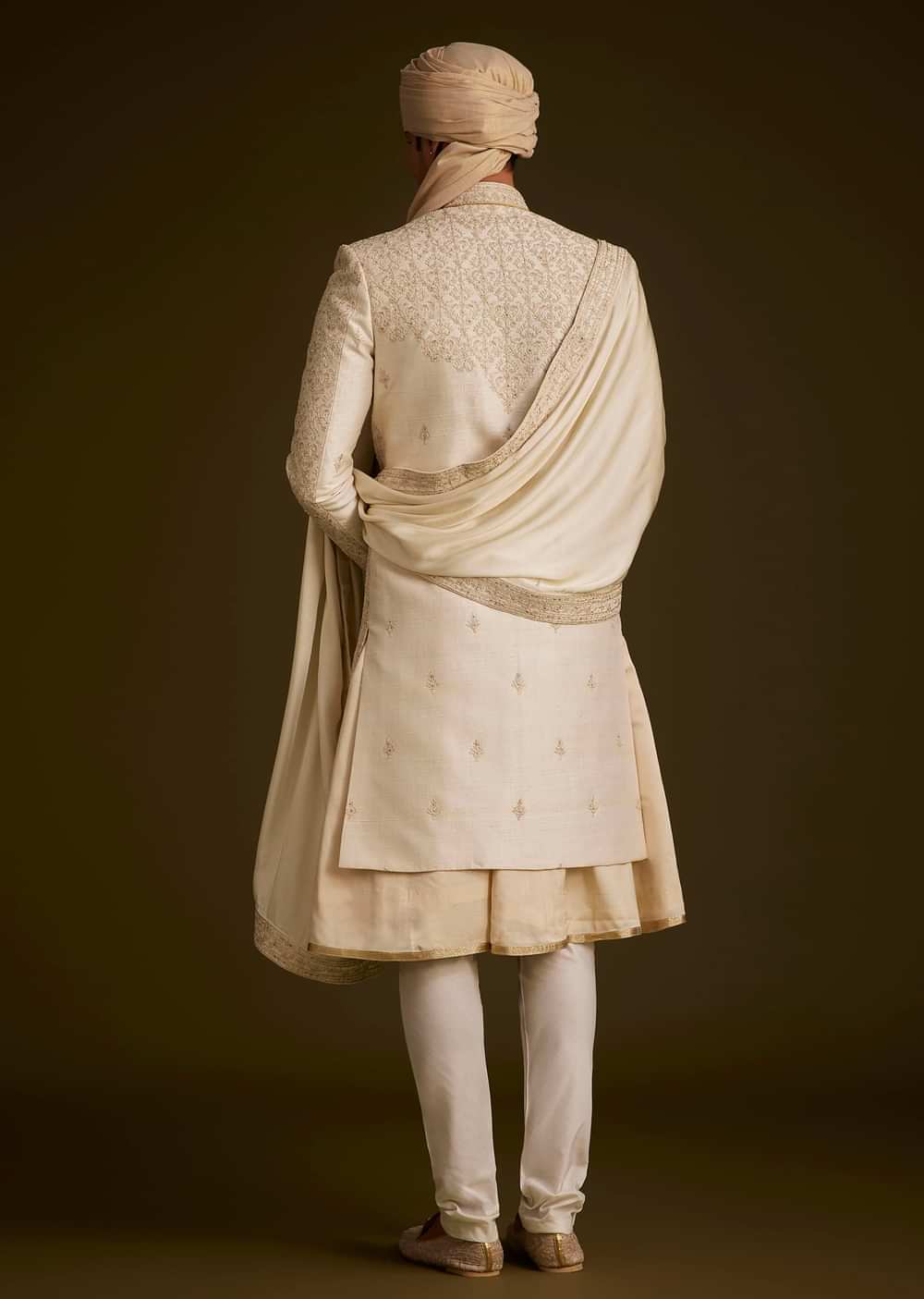 Beige Resham Embroidered Sherwani With Elegant Dupatta