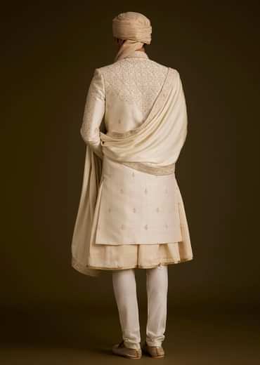 Beige Resham Embroidered Sherwani With Elegant Dupatta